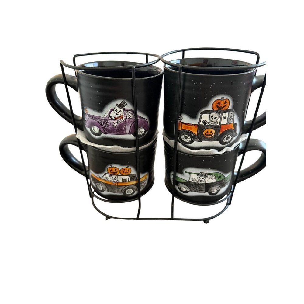 Cobwebs And Cauldrons Ceramic Halloween Set of 4 Mugs Pumpkins Skeletons In Cars - Picture 7 of 14